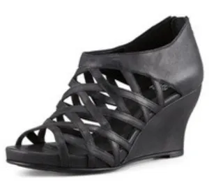 Eileen Fisher‎ Wedge Sandals Cage 6 Black Leather Caged Strappy Zip Back Heels thumbnail 1