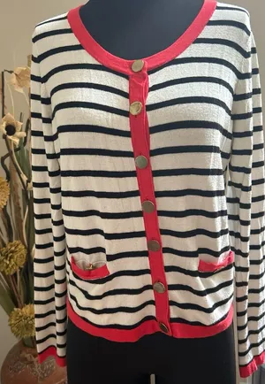 Morgan de toi France Striped Black and White Sweater Cardigan with Red Trim thumbnail 1