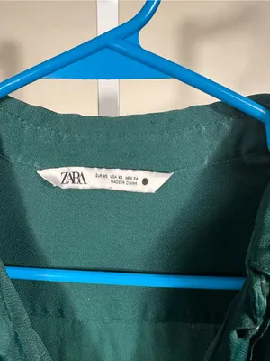 P235. Zara Hunter Green Satin-like Button-Down Shirt thumbnail 2