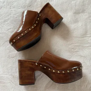 Wild Pair 3 Chunky Cappuccino Brown wooden platform clogs with gold stud details & a boho vibe thumbnail 1