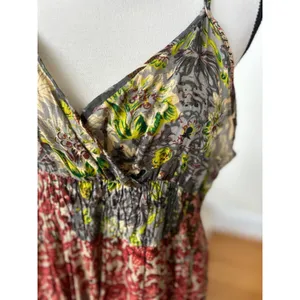 Source Unknown Vintage Boho Red, Yellow & Grey Paisley Floral Shirred Tiered Midi Dress thumbnail 4