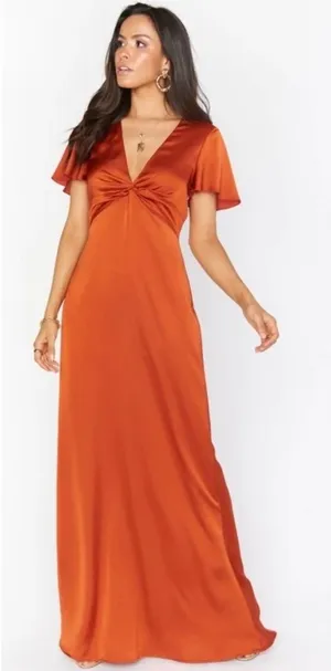 Show Me‎ Your Mumu Rome Twist Gown Burst Orange Satin V Neck Maxi Dress sz L thumbnail 1