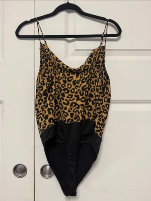 Leopard Print Cowl Neck Bodysuit in Tan and Black thumbnail 5