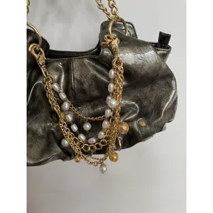 Women's Y2K Slouchy Hobo Patent Leather & Gold Chunky‎ Charm Green Purse Handbag thumbnail 2