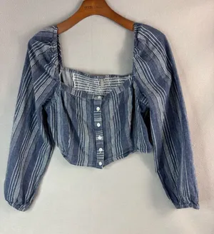 Charlotte Russe M Peasant Cotton Blue and White Striped Square-Neck Crop Top thumbnail 1