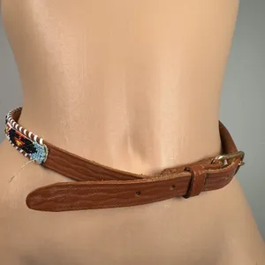 Womans Indian Hand Beaded Leather Belt Adjustable Bird Colorful thumbnail 3