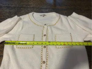 Nanette Lepore Cream Fuzzy Cardigan Sweater Gold Chain Trim‎ Tweed Vibez XL⁠ thumbnail 8