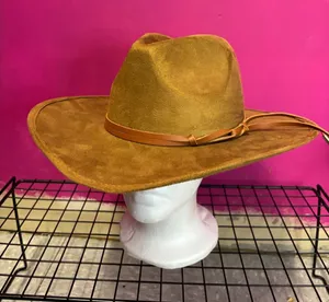Camel Brown Faux Suede Wide Brim Fedora Hat with Tassel Band RN157656 thumbnail 1