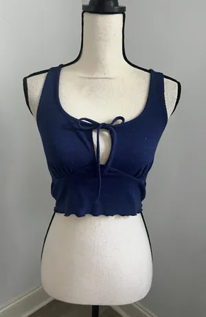 Forever 21 Y2K Ribbed Knit Crop Top Small Lettuce Hem Navy Blue Soft Girl Indie Festival thumbnail 1