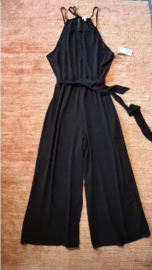 Candie’s Black Halter Wide Leg Jumpsuit XL NWT Tie Waist Culotte Cropped Romper thumbnail 1