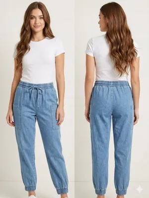 Indigo Rein Denim Joggers Size Large – Blue Elastic Waist Cargo Style thumbnail 1