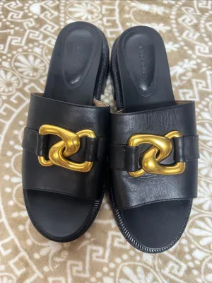 AEROSOLES Lima Black Leather Slide Mules with Gold Chain Accent thumbnail 1