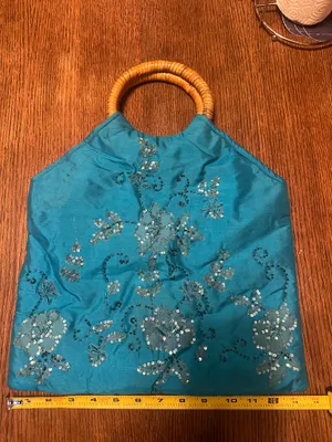 Lord & Taylor Y2K Wooden Handle Blue Purse with Embroidered Flowers thumbnail 4