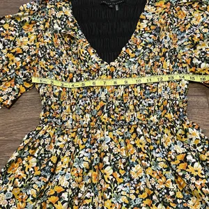 NWT Plunge Smocked Cotton Floral Mini Dress Yellow Black Blue XS thumbnail 10