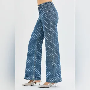 Wide Leg Blue Patterned Jeans - Women's Flare & Wide Leg thumbnail 9
