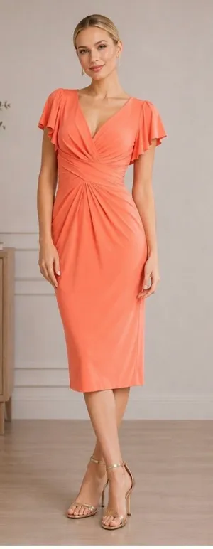 Mac Duggal Flutter Sleeve V-Neck Coral Sheath Dress Size 4 NWT thumbnail 1
