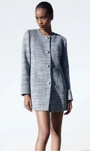 ZARA Long Structured Tweed Button Down Blazer Coat Small thumbnail 1