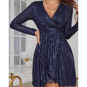 Navy Blue Sequin Wrap V-Neck Long Sleeve Lace Trim Cocktail Dress Evening Party thumbnail 3