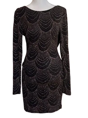 Privy Black Glitter Open Back Bodycon Mini Dress Long Sleeve Party Cocktail M thumbnail 3