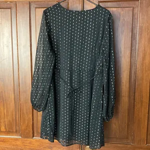 Old Navy Black Long-Sleeve V-Neck Dress with Silver Metallic Dot Print Size XL thumbnail 2