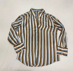 Zara satin striped shirt blue tan brown longsleeve buttondown thumbnail 1