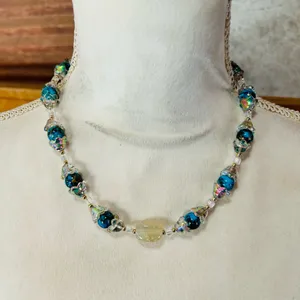 Handmade Handcrafted blue tone art glass bead faceted crystal agate necklace thumbnail 2