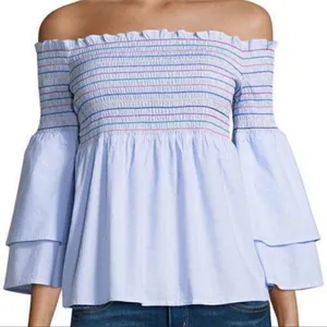 Belle + Sky Blue Off the Shoulder Peplum Top NWT Delight Blue Strip Size Small thumbnail 1