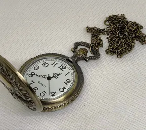 Quartz analog Pocket Watch bronze tone 45mm white dial chain necklace running thumbnail 1
