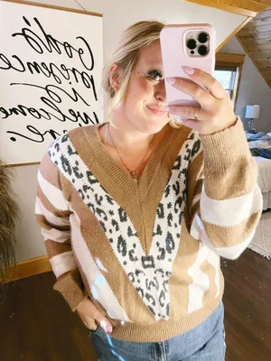Striped Leopard V Neck Sweater Multi Size L thumbnail 1
