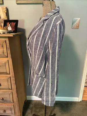 DREW Blue and White Striped Linen Single Breasted Jacket thumbnail 3