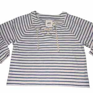 NEW With Tag Aerie Blue & White Stripe Terry Cloth Lace Up Pullover Sweatshirt thumbnail 3