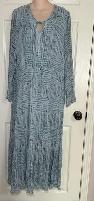 Sundance Womens Size 16 Teal Silk Long Sleeve Dress Maxi V Neck Tie Boho Lined thumbnail 1