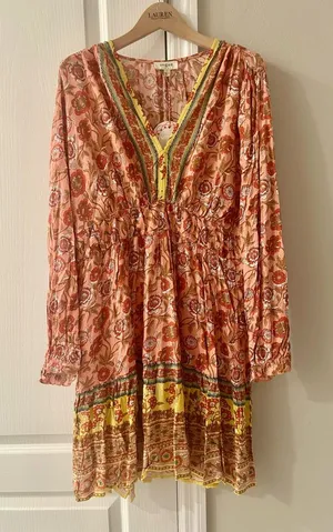 Umgee Floral Bohemian Dress in Pink and Yellow Size Large thumbnail 1