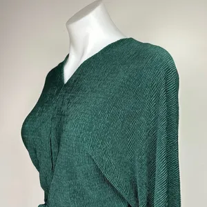 All in Favor Emerald Green V Neck Long Sleeve Crinkle Tie Waist Midi Dress Sz S thumbnail 4