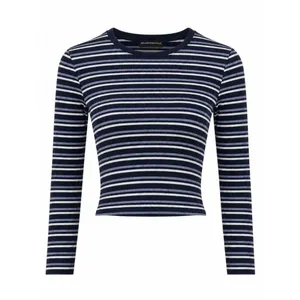 Brandy Melville Navy Striped Ribbed Crop Top Long Sleeve OS thumbnail 2