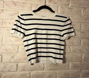 Zara Black and White Striped Ribbed Knit Short Sleeve Crop Top Size L thumbnail 1