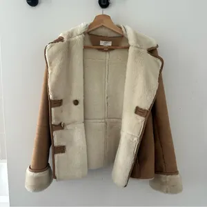 Vintage LOFT Faux Shearling Jacket Small Tan Suede Fur Lined 90s Y2K winter coat thumbnail 3