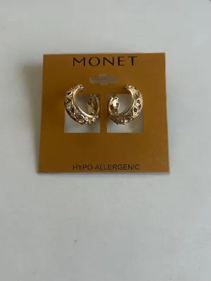 Monet yellow gold-tone crescent hoop earrings Hypoallergenic NEW thumbnail 2
