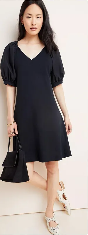 Maeve Anthropologie Annika Knit Mini Dress XS Black Puff Sleeve V-Neck thumbnail 1
