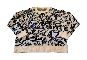 Anthropologie Abstract Floral Jacquard Wool Blend Crewneck Sweater XL Cream Blue thumbnail 1
