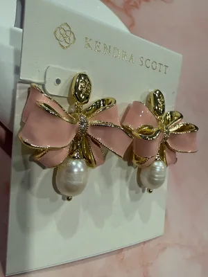 Kendra Scott | Gold Plated & Pink Enamel Bow Earrings with Pearl Drop | Medium thumbnail 3