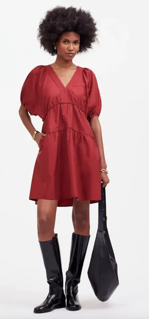 Madewell Puff Sleeve Mini Dress Poplin Claret Burgundy A Line Pockets XL NWT thumbnail 1