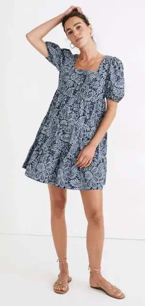 Madewell Poplin Puff-Sleeve Tiered Babydoll Dress in Paisley Garden Navy Size 10 thumbnail 1