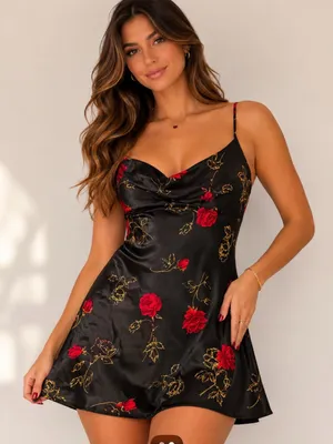 Vintage 1990 Satin Floral Slip Dress Black with Red Roses thumbnail 1