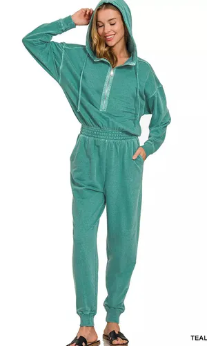 Zenana enzyme washed French terry jumpsuit thumbnail 1