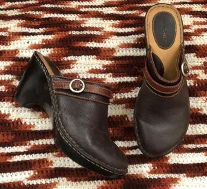 Y2K Vintage Cottagecore Granola Cherokee Brown Real Leather Clogs Silver Buckle Round Toe - Size 7 #boho #hippie #western Measurement in pics thumbnail 1