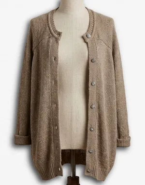 BCBGMAXAZRIA Runway Tan Knit Oversized Long Cardigan Crystal Button‎ Sweater XXS thumbnail 1
