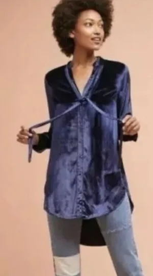 Anthropologie Maeve Tie-Neck Crushed Velvet Navy Blue Blouse thumbnail 1