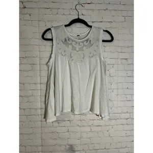 Free People Meant To Me Ivory Linen Blend‎ Lace Mesh Yoke Sleeveless Tank Top M thumbnail 3