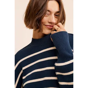 Free People Easy Street Stripe Crop Pullover Size Medium Navy Preppy Coastal thumbnail 4